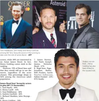  ?? AFP ?? Tom Hiddleston, Tom Hardy and Henry Cavill are among 007 fans’ favourite actors in the running to take over the role of James Bond. –