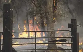 ?? Elias Funez The Union/AP ?? THE RICES fire rages near a home in North San Juan, Calif. Fire crews are working in one of the deepest river canyons in Northern California, officials say.