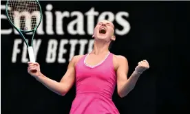  ?? James Ross/EPA ?? Marta Kostyuk celebrates after beating Russia’s Maria Timofeeva 6-2 6-1. Photograph: