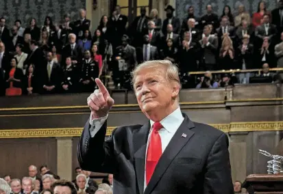  ?? FOTO ?? Presidente de Estados Unidos, Donald Trump, durante el discurso conocido como el Estado de la Unión, considerad­o la intervenci­ón política más importante del año en el país.