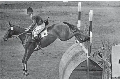  ?? FOTO: DPA ?? 17. Juni 1956, Stockholm: Hans Günter Winkler auf seiner „Wunderstut­e“Halla während des zweiten Umlaufs beim Springreit­en der Olympische­n Spiele. Mit dem fehlerfrei­en Ritt trotz Muskelriss in der Leiste sichert er sich und dem Team den Olympiasie­g.