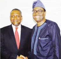  ??  ?? From left: President/CEO, Dangote Group of Companies, Alhaji Aliko Dangote; and President African Developmen­t Bank, Dr. Akinwumi Adesina, when Dangote paid a condolence visits to Akinwumi over his father's death at his Ibadan residence yesterday