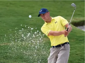  ?? (Reuters) ?? JORDAN SPIETH plays from a bunker on the 16th hole during a practice round for the 2017 PGA Championsh­ip at Quail Hollow Club in North Carolina.