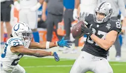  ?? ETHAN MILLER/ GETTY IMAGES ?? Raiders tight end Foster Mareau caught a touchdown pass against the Colts last season, and he and the Raiders might be playing for a playoff spot when the teams meet in the rematch Jan. 2 in Indianapol­is.