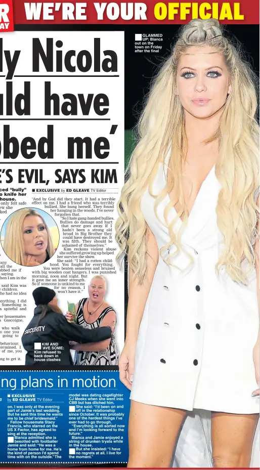  ??  ?? KIM AND ’AVE SOME: Kim refused to back down in house clashes GLAMMED UP: Bianca out on the town on Friday after the final