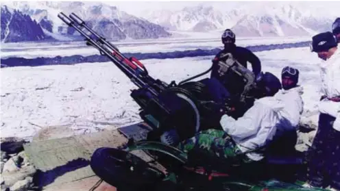  ??  ?? Indian Army ZSU-23 twin barrel air defence gun in vicinity of the Siachen glacier.