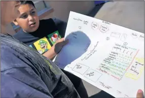  ??  ?? Ramon Jaramillo, visible at left, looks at the map of a community garden at Wilson Middle School. The garden was devised by the students as a way to get fresh vegetables and fruits to the community.