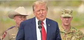  ?? ERIC GAY/AP ?? Republican presidenti­al candidate and former President Donald Trump speaks during a visit to the U.S.-Mexico border on Thursday in Eagle Pass, Texas. Polls show Americans are deeply concerned about the situation along the border.