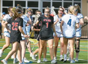  ?? PAUL W. GILLESPIE/STAFF ?? Spalding’s Gabby Greene celebrates her first half goal in a game last season against St. Mary’s.