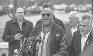  ?? RYAN GARZA/DETROIT FREE PRESS ?? The Rev. Dr. Wendell Anthony, Detroit branch NAACP president, speaks during a news conference of the Arab American Civil Rights League outside the Dearborn Police Department on Monday, denouncing an opinion piece published in The Wall Street Journal headlined “Welcome to Dearborn, America’s Jihad Capital.”