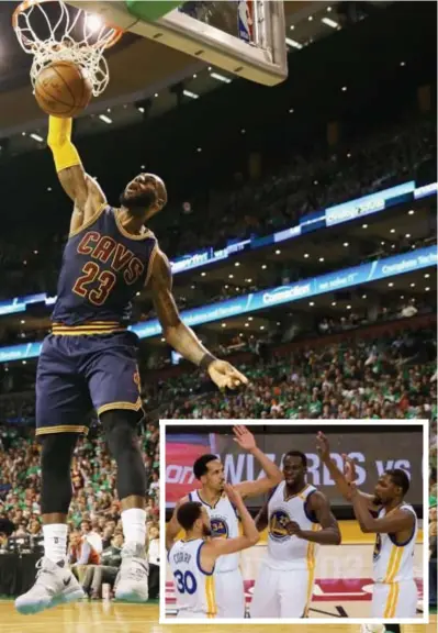  ?? FOTO'S COX, AFP ?? LeBron James dunkt voor de Cavaliers. Curry, Livingston, Green en Durant vieren voor Warrors.