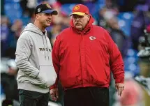  ?? Matt Slocum/Associated Press ?? Chiefs head coach Andy Reid and Ravens head coach John Harbaugh talk before the AFC Championsh­ip game. The NFL announced Monday that the Super Bowl champion Chiefs will open the season at home against the Ravens on Thursday, Sept. 5.