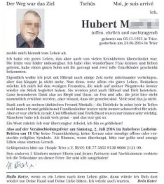  ?? Quelle: Trierische­r Volksfreun­d ?? Hubert M.s Traueranze­ige im „Trierische­n Volksfreun­d“.