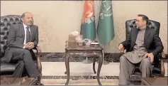  ?? KABUL
-APP ?? Mansoor Ahmed Khan, Ambassador of Pakistan calls on Salahuddin Rabbani, Leader of Jamiat-e-Islami of Afghanista and discussed Afghan peace precess and biateral relation.