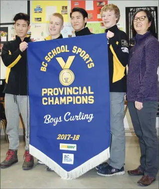  ?? DAVID CROMPTON/Penticton Herald ?? Members of the Pen-Hi boys’ provincial-champion curling team are, from left: Tane Kita, Owen Manning, Keiji Kita, Zack Kuechle and coach Peggy Sakamoto.