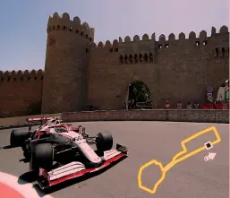  ?? EPA ?? Ma che bel castello Antonio Giovinazzi transita dall’ingresso della Città Vecchia, nel tratto più lento del circuito di Baku: il pilota italiano ci ha corso due volte su Alfa Romeo, con il 12° posto nel 2019 e l’11° nel 2021. Nel 2020 il GP azero non si è disputato