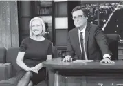  ?? SCOTT KOWALCHYK CBS via AP ?? Sen. Kirsten Gillibrand, D-N.Y., told TV host Stephen Colbert on Tuesday about the issues that she would tackle as president, including better healthcare for families.
