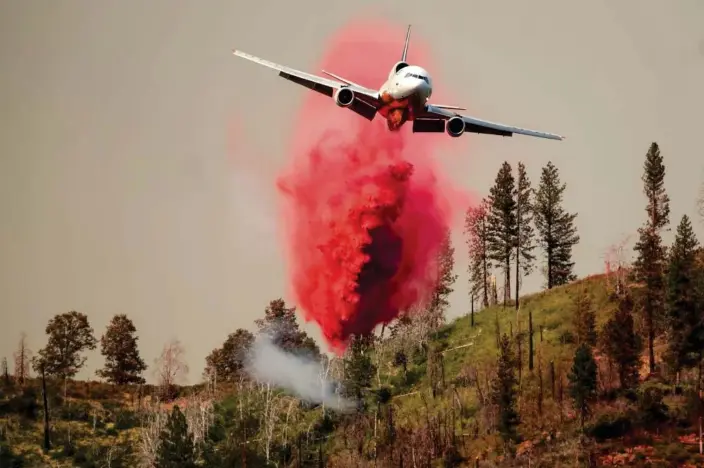  ?? ?? An air tanker drops retardant to try to stop the Oak fire reaching Lushmeadow­s. Photograph: Noah Berger/AP