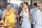  ?? PTI ?? Congress chief Rahul Gandhi and Karnataka CM Siddaramai­ah, visit the Chamundesw­ari Temple in Mysuru on Saturday