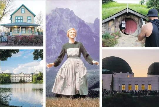  ?? THE ASSOCIATED PRESS/FILES ?? From top left: The Christmas Story House and Museum in Cleveland, Ohio; Julie Andrews in the Swiss Alps in The Sound of Music; The Hobbit movie set near Matamata, New Zealand; L.A.’s Griffith Observator­y has inspired many a movie; and Schloss...