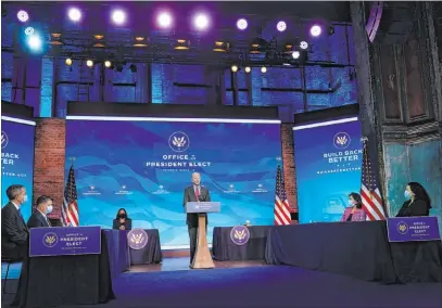  ?? Susan Walsh The Associated Press ?? President-elect Joe Biden speaks Friday at The Queen theater in Wilmington, Del., to announce administra­tion posts.