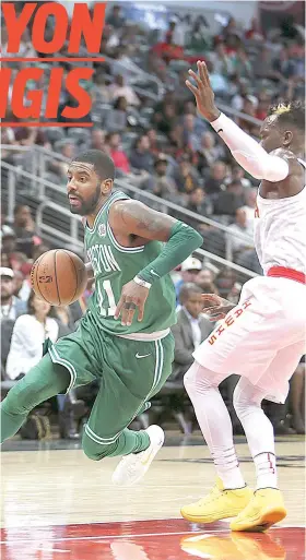  ?? / AP PHOTO ?? ■ DAOG NA SAB. Nangita’g paagi si Boston Celtics guard Kyrie Irving (11) aron lutsan ang depensa ni Atlanta Hawks guard Dennis Schroder (17) ning aktuha. Ning sangkaa, nimugna’g 35 puntos si Irving aron agakon ang Celtics sa ikasiyam niining sunodsunod...