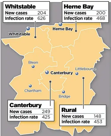  ?? Data: Public Health England ?? Map showing infection rates per 100,000 people in different parts of the district, and the number of cases in the week up to November 25