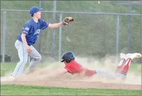  ?? PILOT PHOTO/RON HARAMIA ?? Glenn’s Colin Stephens slides in for a triple while Laville’s Ayden Doyle awaits the throw.