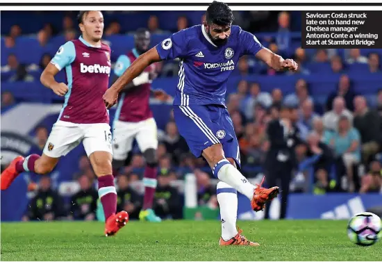  ??  ?? Saviour: Costa struck late on to hand new Chelsea manager Antonio Conte a winning start at Stamford Bridge