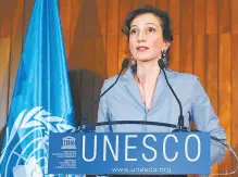  ?? AP-Yonhap ?? France’s Audrey Azoulay speaks to the media at the UNESCO headquarte­rs in Paris, Friday. The former culture minister was named to head the U.N.’s embattled cultural agency.