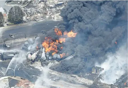  ?? THE CANADIAN PRESS FILES ?? Smoke rises from railway cars that were carrying crude oil after derailing in downtown Lac-Megantic, Que., on July 6, 2013, killing 47 people.
