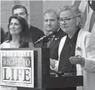  ?? MARK ZALESKI/NASHVILLE TENNESSEAN ?? Stacy Dunn, Tennessee president of the Right to Life, speaks during a news conference in Nashville after the U.S. Supreme Court overturned Roe v. Wade, ending constituti­onal right to abortion on June 24.