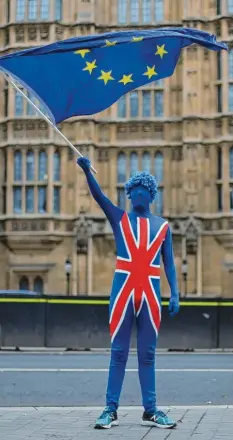 ?? Foto: Daniel Leal-Olivas, afp ?? Gekleidet in der britischen Flagge, Europas Farben in der Hand: Offenbar spricht sich inzwischen jeder zweite Brite gegen den Brexit aus.
