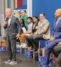  ?? Ken Dixon/Hearst Connecticu­t Media ?? On his 70th birthday, Gov. Ned Lamont on Wednesday, at the Boys & Girls Clubs of Hartford, spoke about the importance of supporting the younger generation, especially after the isolation of the COVID pandemic. On the right is new Hartford Mayor Arunan Arulampala­m.