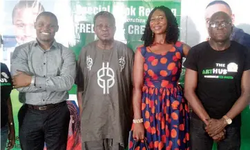  ??  ?? Winner of maiden GTB’S Dusty Manuscript contest and author of Isaidthese­words, Mr. Kukogho Eruesiri Samson; Chairman, Lagos State chapter of Associatio­n of Nigerian Authors (ANA), Mr. Adeyemi Adebisi; author of Parableofd­eeds, Chinyere Darlene Ezeigwe, and founder, Poets In Nigeria (PIN), Mr. Eriata Oribhabor, at Arthub 2018 held at Oaks Garden Cultural Centre, Isheri-igando… in Lagos