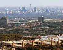  ?? William Luther / Staff file photo ?? The USAA headquarte­rs building, with downtown San Antonio in the background, is seen in this photo from 2018.