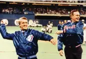  ?? FRED CHARTRAND / THE CANADIAN PRESS FILES ?? Then-prime minister Brian Mulroney and U.S. president George H.W. Bush throw out the opening pitch at the Toronto Blue Jays home opener in April 1990.