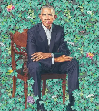  ?? KEHINDE WILEY / NATIONAL PORTRAIT GALLERY VIA THE ASSOCIATED PRESS ?? The official portraits of former U.S. president Barack Obama and former first lady Michelle Obama were unveiled at the National Portrait Gallery in Washington D.C., on Monday. “I tried to negotiate smaller ears and struck out,” the former president...
