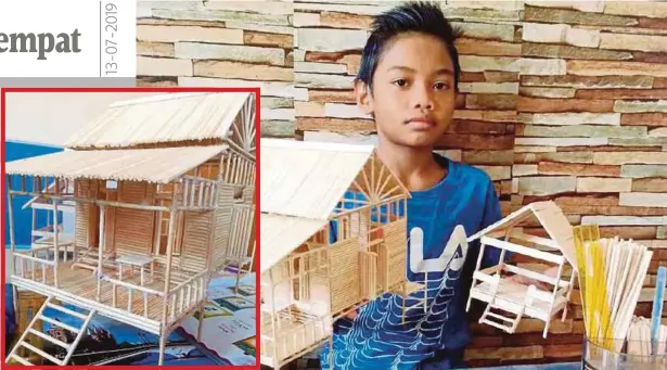  ??  ?? REPLIKA rumah lidi hasil kerja tangan Muhammad Irfan Haziq.
MUHAMMAD Irfan Haziq menunjukka­n hasil replika rumah lidi dan gazebo batang aiskrim ciptaannya.