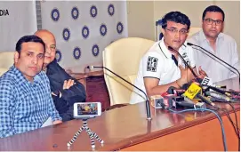  ?? — DEBASISH DEY ?? Former cricketer V.V.S. Laxman (from left to right) , BCCI joint secretary Amitabh Chowdhury, former India captain Sourav Ganguly and BCCI CEO Rahul Johri address the media at the BCCI office in Wankhede Stadium in Mumbai.