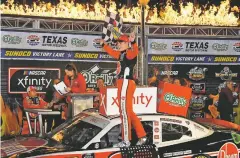 ?? RANDY HOLT/ASSOCIATED PRESS ?? Christophe­r Bell celebrates in Victory Lane after winning the Xfinity Series auto race at Texas Motor Speedway on Nov. 2 in Fort Worth, Texas. NASCAR’s season officially opens Sunday with the Daytona 500 at Daytona Internatio­nal Speedway.