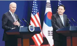  ?? (Jonathan Ernst/Reuters) ?? US PRESIDENT Joe Biden and South Korean President Yoon Suk-youl hold a joint news conference at the People’s House in Seoul yesterday.