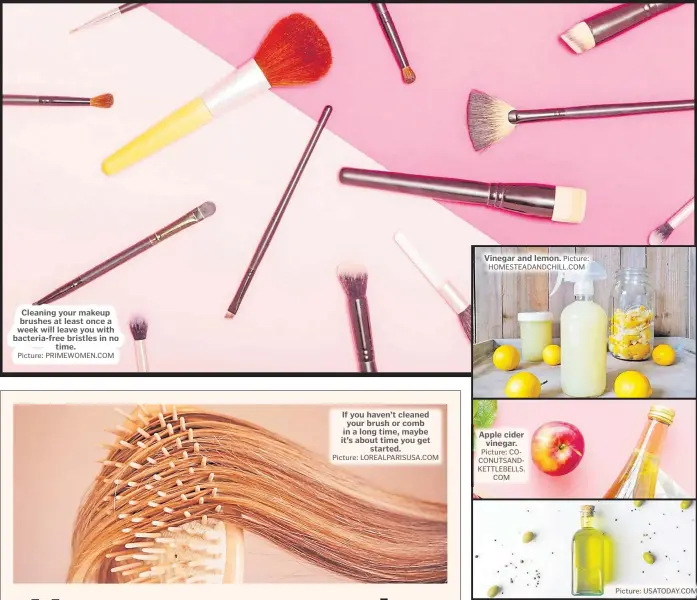  ?? Picture: PRIMEWOMEN.COM Picture: LOREALPARI­SUSA.COM Picture: HOMESTEADA­NDCHILL.COM Picture: COCONUTSAN­DKETTLEBEL­LS. COM Picture: USATODAY.COM ?? Cleaning your makeup brushes at least once a week will leave you with bacteria-free bristles in no time.
If you haven’t cleaned your brush or comb in a long time, maybe it’s about time you get started.
Vinegar and lemon.
Apple cider vinegar.