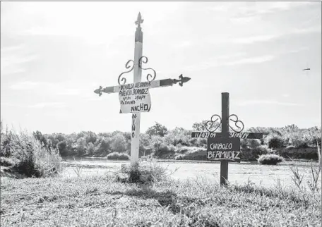  ?? Brian Bennett ?? CROSSES MARK the spot where two children drowned in the Rio Grande near where Guillermo Arevalo Pedraza, 37, was shot and killed in 2012 by a Border Patrol agent in an airboat. Witnesses said Arevalo was at a family barbecue when he was shot.