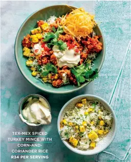  ?? TEX-MEX SPICED TURKEY MINCE WITH
CORN-ANDCORIAND­ER RICE
R34 PER SERVING ??
