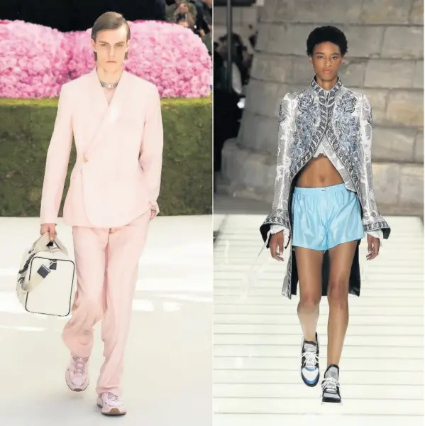  ??  ?? Pictured left, Nicolas Ghesquière’s S/S 2018 collection for Louis Vuitton. A silk embroidere­d redingote style coat worn with white silk cropped long sleeve blouse with ruffles, light blue jersey shorts and ‘Archlight’ sneakers. Pictured right, Kim Jones’ S/S 2019 collection for Dior. A light pink cashmere twill double-breasted ‘Tailleur Oblique’ jacket and high waist wide trousers, accessoris­ed with tricoloure­d cotton canvas and navy blue grained calfskin duffle bag, ‘B24’ light pink calfskin and mesh sneakers, and a chunky metal necklace with pink rhodonite detail and ‘CD’ closure.