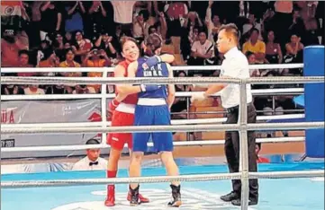  ?? PTI PHOTO ?? MC Mary Kom won her fifth Asian Boxing Championsh­ips title on Wednesday, the first after her return from break.