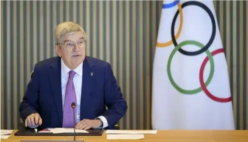  ?? ?? Le président Thomas Bach s'exprime lors de l'ouverture de la réunion de la commission exécutive du CIO, à la Maison olympique, à Lausanne, Suisse, mardi 19 mars 2024.