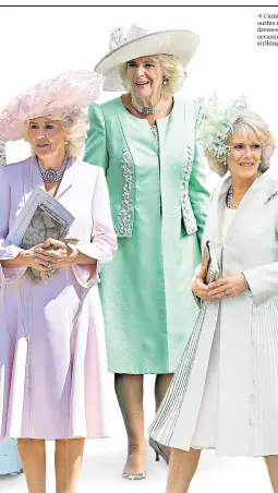 ?? ?? g Camilla’s formal outfits include shift dresses with an occasion coat and striking accessorie­s