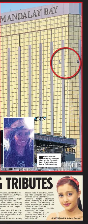  ??  ?? ®Ê HIGH DRAMA: Windows in hotel shot out by Paddock. Left, Brit tennis star Laura Robson at gig HEARTBROKE­N: Ariana Grande